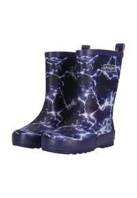 Rubberen regenlaarzen met een marineblauwe basis met een bliksemflits patroon in tinten wit en lichtblauw; gestructureerde zool voor grip.