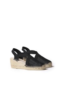 Černé pletené espadrilkové sandály na wedges se zkříženými elastickými pásky, jutovými detaily a texturovaným svrškem.