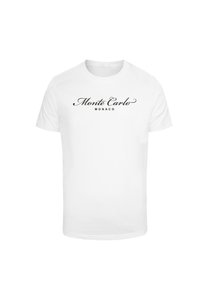 Hvid bomulds T-shirt med "Monte Carlo" og "MONACO" i sort kursiv tekst. Klassisk crew neck design, korte ærmer og enkel snit.