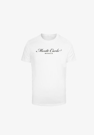 Hvit bomull t-skjorte med "Monte Carlo" og "MONACO" i svart kursiv skrift. Klassisk crew neck design, korte ermer, og enkel fasong.