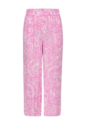 Pantalons rose à motifs avec une taille élastique, présentant un motif floral blanc. Coupe ample et longueur cheville.