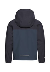 Veste coupe-vent bleu marine avec capuche, dotée d'un panneau supérieur gris foncé contrastant et d'accents réfléchissants dans le dos et sur les manches.