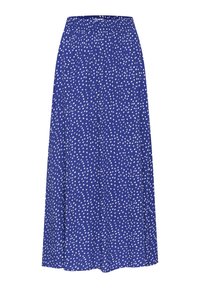 Modrá, splývavá maxi sukně s elastickým pasem, zdobená bílým puntíkovým vzorem. Vyrobena z lehkého materiálu s hladkou texturou.