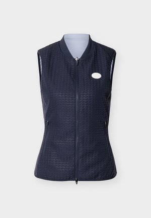 Vesta matlasată bleumarin fără mâneci, cu fermoar frontal, două buzunare cu fermoar, guler înalt și logo oval alb pe piept.