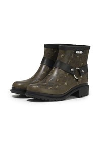 Green leopard print rubber ankle boots with a black strap and silver ring detail, featuring a textured sole for traction.