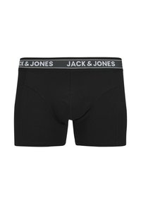 Black cotton boxer shorts with a gray waistband featuring "JACK & JONES" in white. Plain design with subtle stitching details.