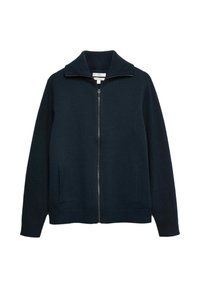 Felpa blu navy con zip, colletto alto, polsini e orlo a coste, e due tasche frontali. Realizzata in un morbido tessuto a maglia.