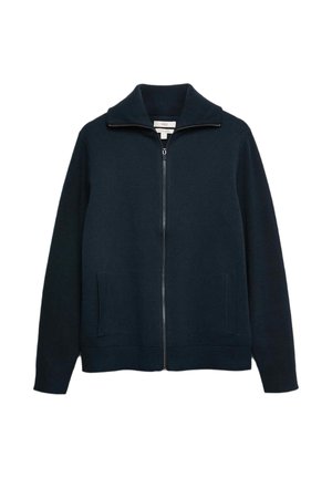 Mørkeblå zip-up sweatshirt med høj krave, ribbede manchetter og kant og to forlommer. Fremstillet af et blødt strikket materiale.