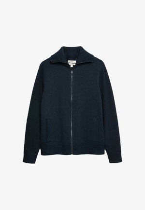 Sudadera con cremallera en color azul marino, con un cuello alto, puños y dobladillo acanalados, y dos bolsillos frontales. Fabricada con un material de punto suave.