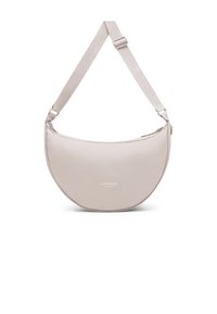 Beige félhold alakú keresztpántos táska állítható pánttal, a "Larkson Hamburg" logóval középen a fehér háttér előtt.