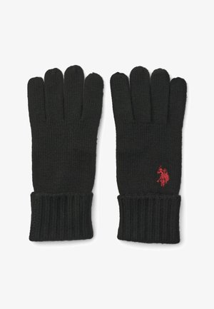 Černé pletené rukavice s žebrovanými manžetami a červeným vyšitým logem. Mají pět oddělených prstů pro obratnost a jemnou texturu.