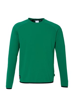 Grøn langærmet sweatshirt lavet af et glat stof. Har en rund hals, raglanærmer og sorte accenter langs kanten og manchetterne.