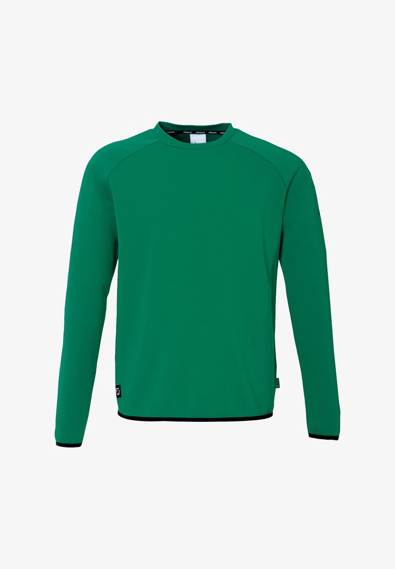 Grøn langærmet sweatshirt lavet af et glat stof. Har en rund hals, raglanærmer og sorte accenter langs kanten og manchetterne.