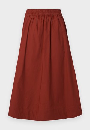 Jupe taille haute, longueur cheville, couleur rouille, avec ceinture élastique froncée et tissu en coton lisse.