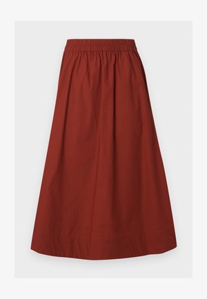 Jupe taille haute, longueur cheville, couleur rouille, avec ceinture élastique froncée et tissu en coton lisse.