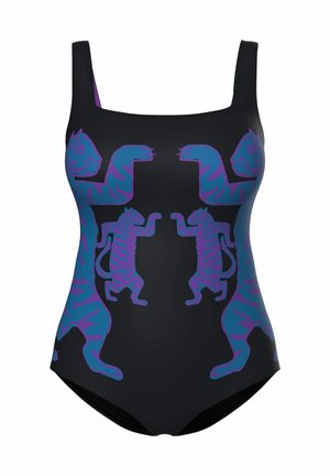 Czarny kostium kąpielowy z fioletowymi abstrakcyjnymi wzorami kotów, z dekoltem w serek i cienkimi ramiączkami. Gładka tekstura i dopasowany fason.