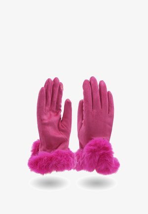Un paio di guanti in suede rosa brillante con polsini di pelliccia soffice, mostrati con i palmi rivolti verso l'alto.