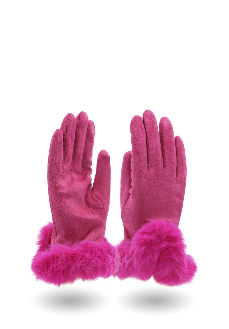 Un paio di guanti in suede rosa brillante con polsini di pelliccia soffice, mostrati con i palmi rivolti verso l'alto.