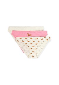 Drie paar katoenen slipjes: één roze met een teckelprint, één lichtbeige met een klein strikje, en één crèmewit met herhalende teckelpatronen.