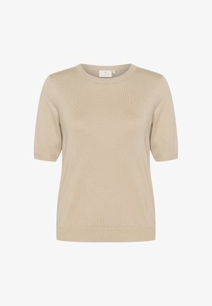 Beige short-sleeve knit top with a round neckline and a smooth texture, featuring a simple design and no patterns or accents.