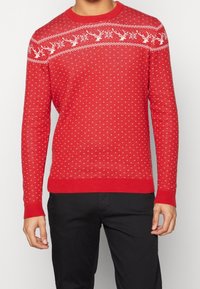 Maglione rosso lavorato a maglia con un motivo di renna bianca e fiocchi di neve sul petto, con polsini e orlo a coste.