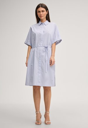 Frau trägt ein hellblaues, knielanges Kleid mit Knöpfen, kurzen Ärmeln und einem gebundenen Taillengürtel, steht mit neutralem Gesichtsausdruck und silbernen High Heels.