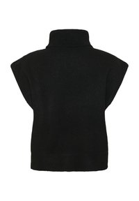 Črna pletena brezrokavna pulover s turtleneck ovratnikom in širokimi rameni, ki se ponaša z mehakim materialom in preprostim dizajnom.