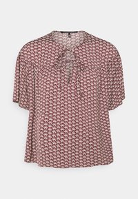 Red patterned blouse with short sleeves, featuring a tie detail at the neckline and a floral design in cream. Soft, lightweight fabric.