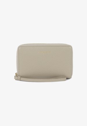 Beige textured leather wristlet wallet with gold zipper and small strap, "Lancaster Paris" embossed in subtle gold lettering.
