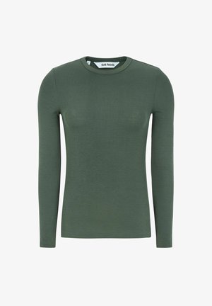 Top à manches longues en ribet de couleur vert foncé. Présente un col rond et une texture lisse. Aucun motif ni accent supplémentaire.