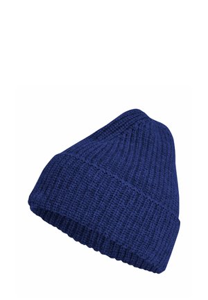 Marineblauwe gebreide muts met omgeslagen boord, met een geribbelde structuur en afgeronde bovenkant op een witte achtergrond.
