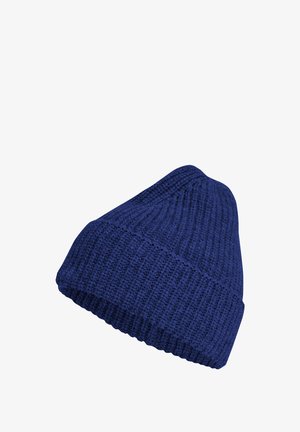 Bonnet tricoté bleu marine avec revers plié, affichant une texture côtelée et un sommet arrondi sur fond blanc.