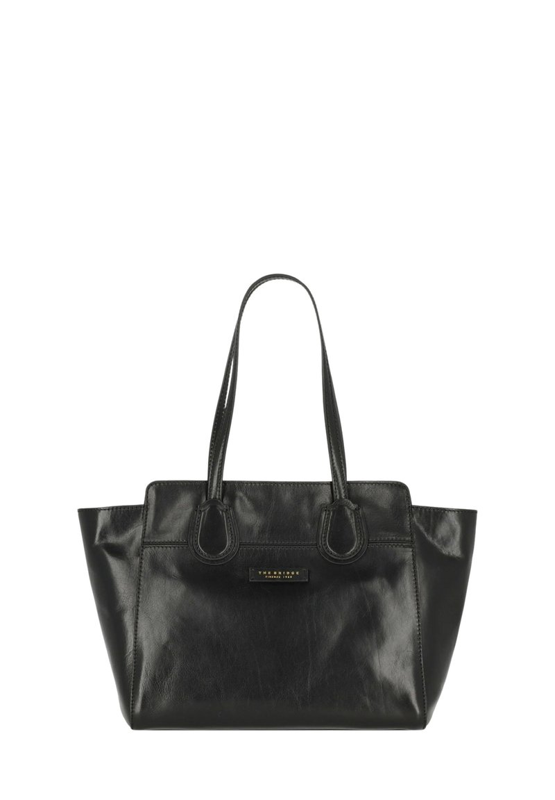 Borsa a tracolla nera in pelle con manici doppi, forma strutturata, texture liscia e un logo sottile sulla parte frontale. Senza ulteriori decorazioni.