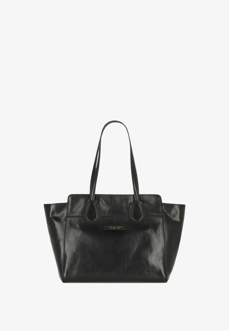 Borsa a tracolla nera in pelle con manici doppi, forma strutturata, texture liscia e un logo sottile sulla parte frontale. Senza ulteriori decorazioni.