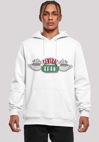 Hoodie bianco in cotone con una grafica colorata "CENTRAL PERK" che rappresenta due tazze di caffè, tasca frontale e cappuccio regolabile con cordino.