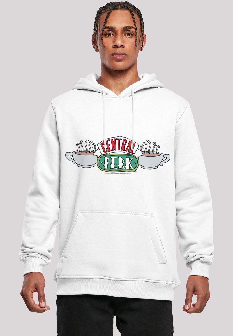 Hoodie bianco in cotone con una grafica colorata "CENTRAL PERK" che rappresenta due tazze di caffè, tasca frontale e cappuccio regolabile con cordino.