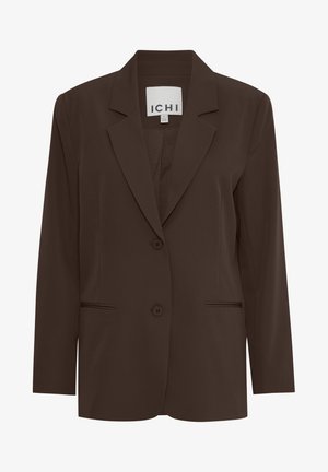 Ruskea räätälöity bleiseri, jossa on viiltolapeli, kaksi edestä napitettavaa nappia ja kaksi huomaamatonta taskua; sileä kangas, joka istuu hyvin.