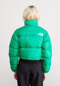 Giacca puffer verde brillante, corta, con colletto alto, trapuntatura orizzontale e dettaglio del logo sulla parte superiore della schiena. Il materiale sembra lucido e isolato.