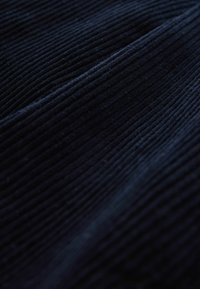 Navy blue corduroy fabric with prominent vertical ridges, soft texture, and slight sheen. Close-up view highlights fabric's depth and detail.