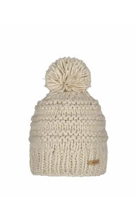 Gehaakte beige beanie met een textuurpatroon en een fluffy pompon bovenop, met een klein bruin merketiket aan de zijkant.