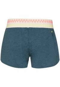 Shorts en tricot bleu avec une ceinture texturée présentant un motif en zigzag rose et jaune.