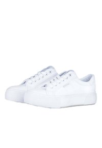 Białe płócienne sneakersy z zaokrąglonym czubkiem, sznurowanym zapięciem, teksturowaną gumową podeszwą i gładką cholewką z minimalnym brandingiem po bokach.