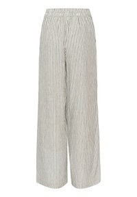 Wide-leg pants made of lightweight fabric, featuring a vertical striped pattern in cream and blue. Elastic waistband for comfort.