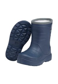 Stivali da pioggia in gomma blu navy con suola testurizzata, fodera calda e finitura liscia. Presentano un'altezza ridotta e dettagli laterali per una maggiore aderenza.