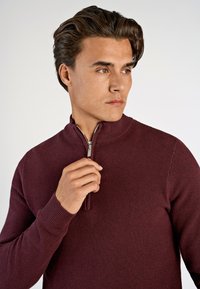 Pullover a maglina bordeaux con zip a un quarto e collo a costine. Presenta un motivo testurizzato e maniche aderenti.