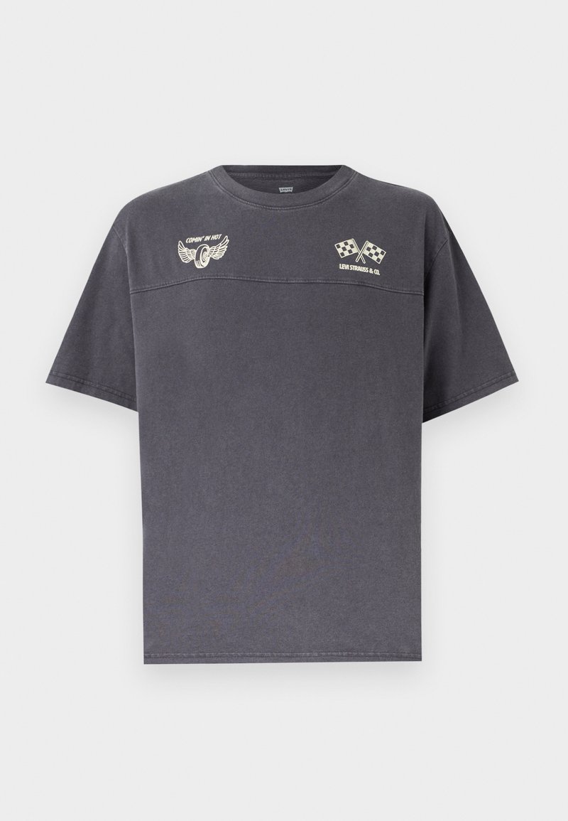 Dark gray short-sleeve t-shirt with two white racing-themed logos on the chest, including checkered flags and winged tire graphics.