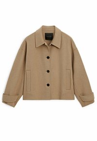 Beige wool jacket with a collared neckline, front button closure, two side pockets, and rolled-up cuffs. Smooth texture, cropped design.