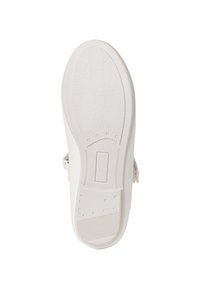 Weiße Laufsohle mit strukturierten Mustern und Rillen für besseren Grip; verfügt über eine flache, robuste Form, die ideal für Komfort und Stabilität ist.