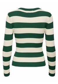Groene en crèmekleurige gestreepte gebreide trui met lange mouwen en een getailleerde pasvorm, voorzien van een ronde halslijn en een structuurpatroon.