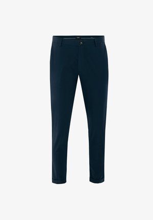 Pantalon homme bleu marine coupe ajustée avec fermeture par bouton, passants pour ceinture et ourlets retroussés sur fond blanc uni.